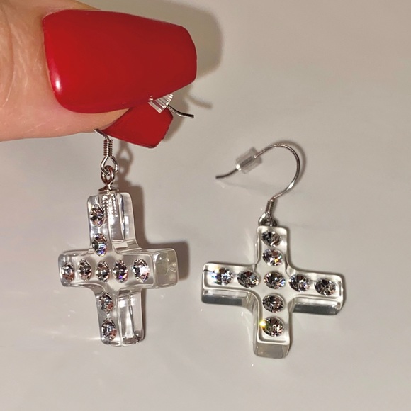 Women’s Lucite Cross Earrings Embellished With Swarovski Crystal Stones, New - Picture 9 of 9